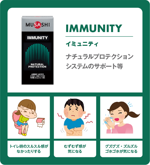 イミュニティトイレ時のスルスル感が なかったりする。むずむず感が 気になる。グズグズ・ズルズル ゴホゴホが気になる。